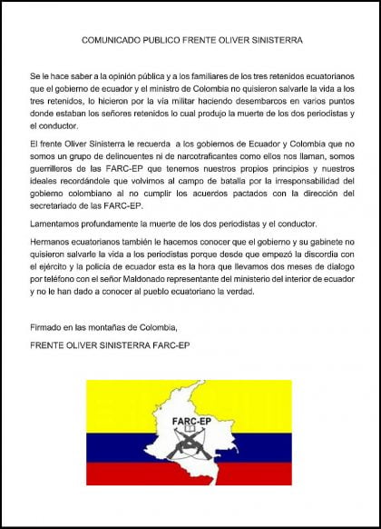 Comunicado publico frente oliver sinisterra